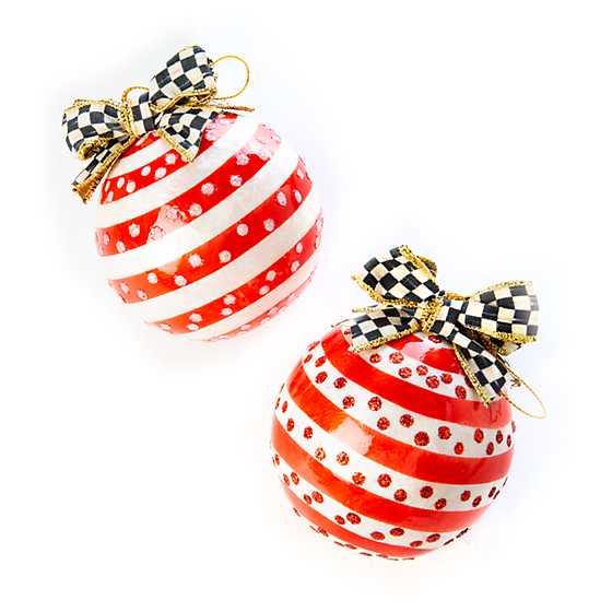 Checkmate Red & White Stripe Ball Ornaments – Set of 2