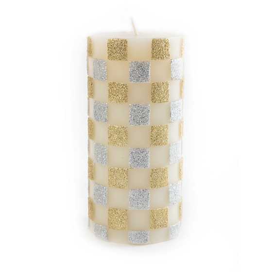 Glitter Check Pillar Candle – 6″ – Gold & Silver