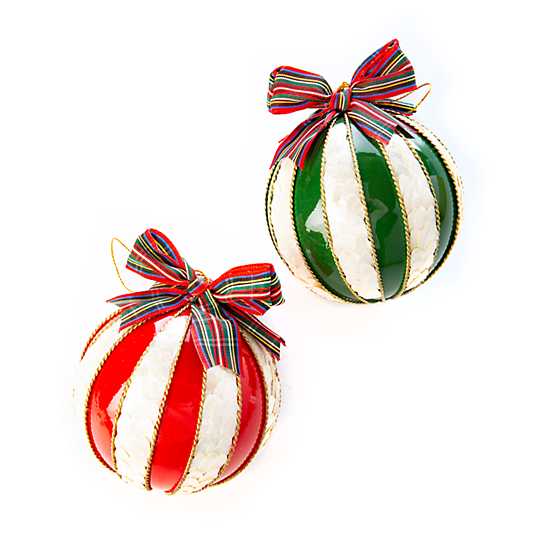 Red & Green Stripe Ball Ornaments – Set of 2